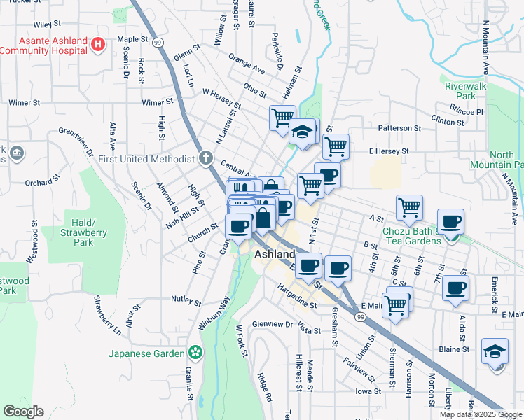 map of restaurants, bars, coffee shops, grocery stores, and more near 60 North Main Street in Ashland