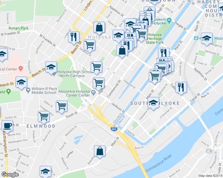 map of restaurants, bars, coffee shops, grocery stores, and more near 117-127 Commercial Street in Holyoke