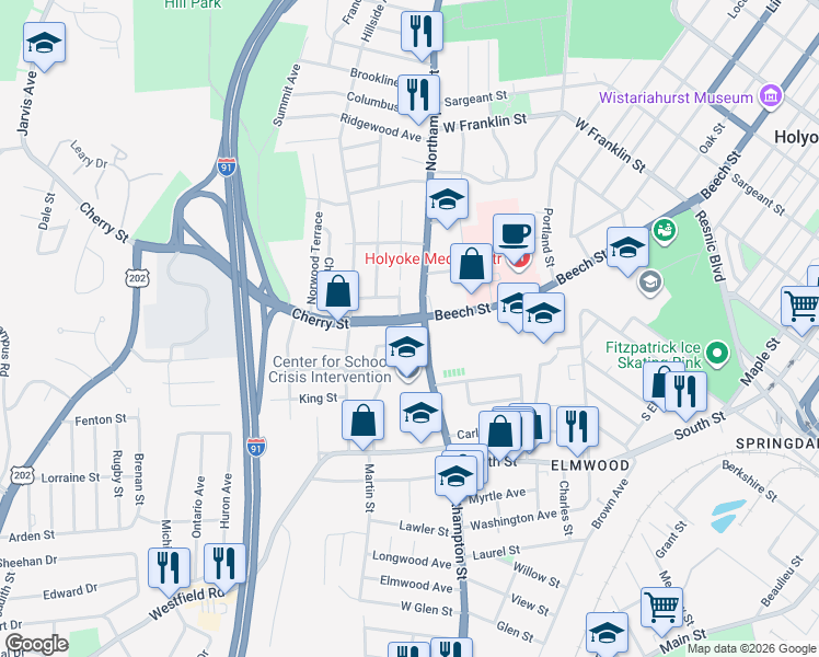 map of restaurants, bars, coffee shops, grocery stores, and more near 1889 Northampton Street in Holyoke