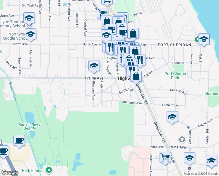 map of restaurants, bars, coffee shops, grocery stores, and more near 51 Maple Avenue in Highwood