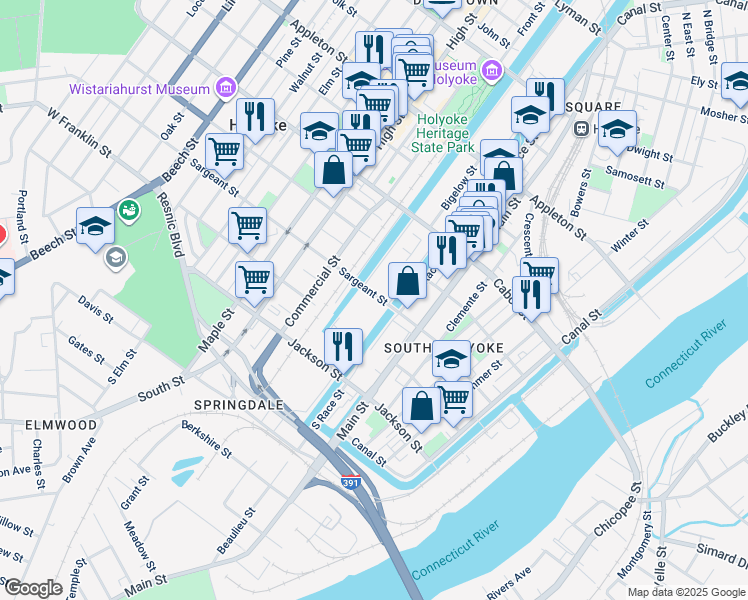 map of restaurants, bars, coffee shops, grocery stores, and more near 84 Sargeant Street Bridge in Holyoke