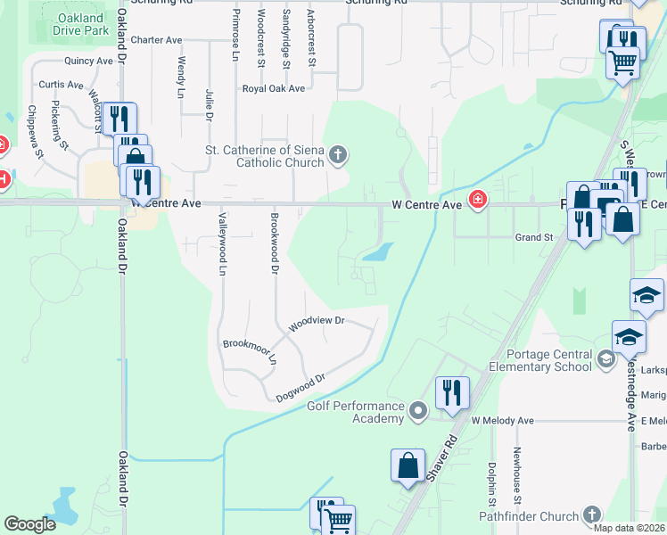 map of restaurants, bars, coffee shops, grocery stores, and more near 8150 Creekside Drive in Portage