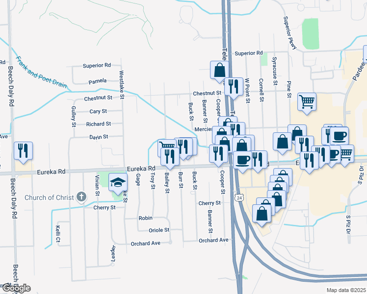 map of restaurants, bars, coffee shops, grocery stores, and more near 14801 Burr Street in Taylor