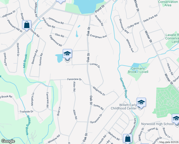 map of restaurants, bars, coffee shops, grocery stores, and more near 240 Oak Street in Westwood