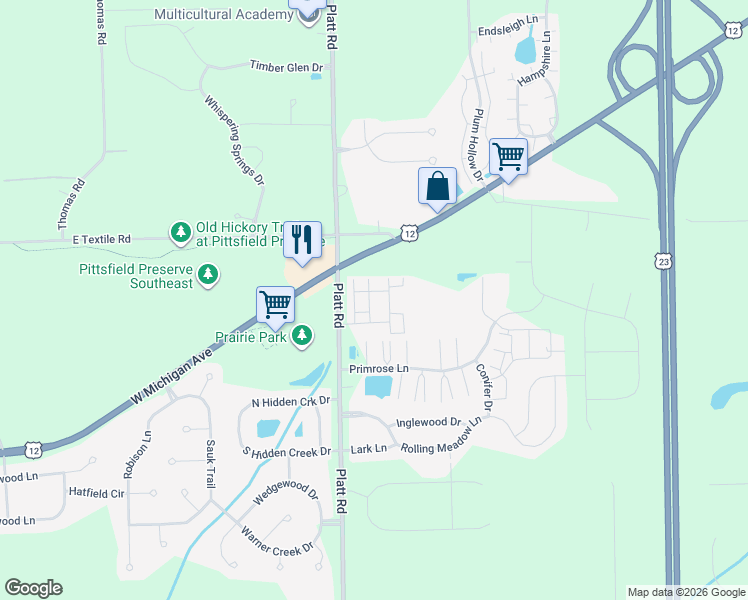 map of restaurants, bars, coffee shops, grocery stores, and more near 6312 Harlequin Lane in Ypsilanti