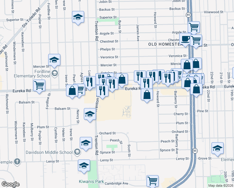 map of restaurants, bars, coffee shops, grocery stores, and more near 13566 Eureka Road in Southgate