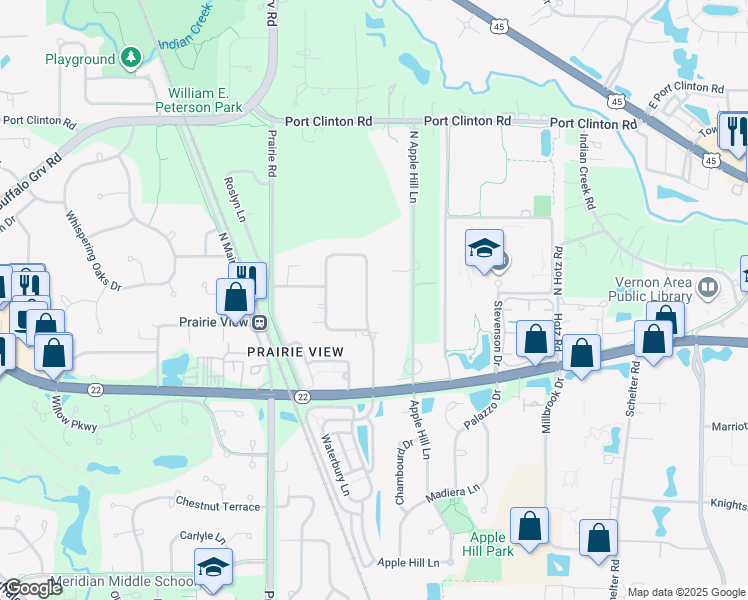 map of restaurants, bars, coffee shops, grocery stores, and more near 23111 North Prairie Lane in Lake County