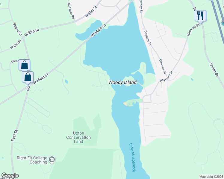 map of restaurants, bars, coffee shops, grocery stores, and more near 67 Oakhurst Road in Hopkinton