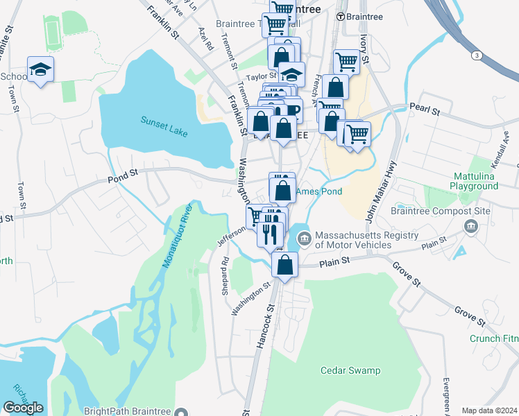 map of restaurants, bars, coffee shops, grocery stores, and more near 1102 Washington Street in Braintree