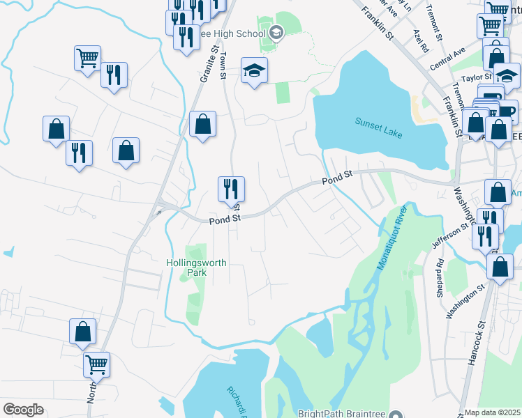 map of restaurants, bars, coffee shops, grocery stores, and more near 269 Pond Street in Braintree