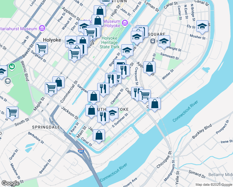 map of restaurants, bars, coffee shops, grocery stores, and more near 365-367 Main Street in Holyoke