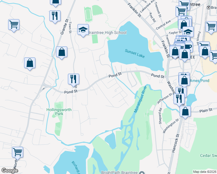 map of restaurants, bars, coffee shops, grocery stores, and more near 21 Sherman Road in Braintree