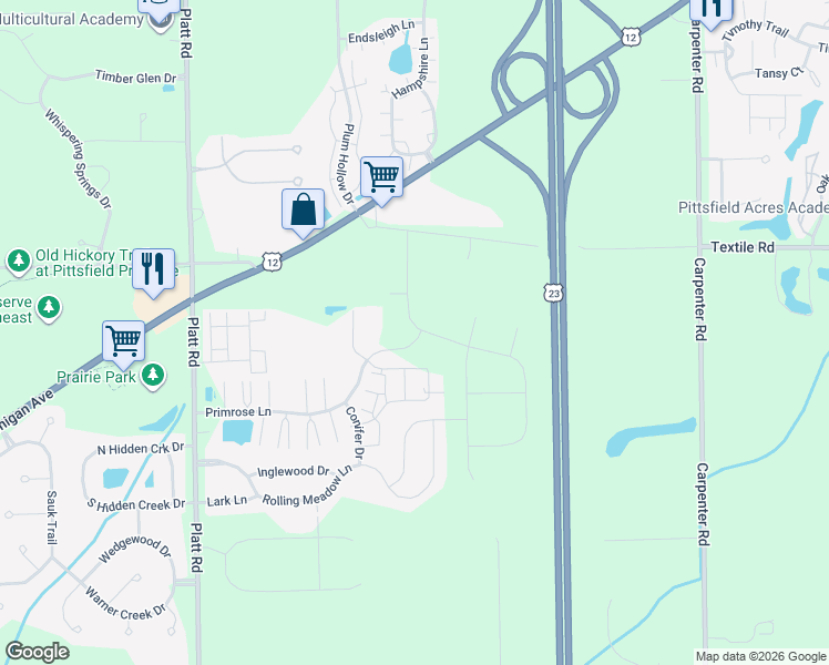map of restaurants, bars, coffee shops, grocery stores, and more near 3379 Primrose Lane in Ypsilanti