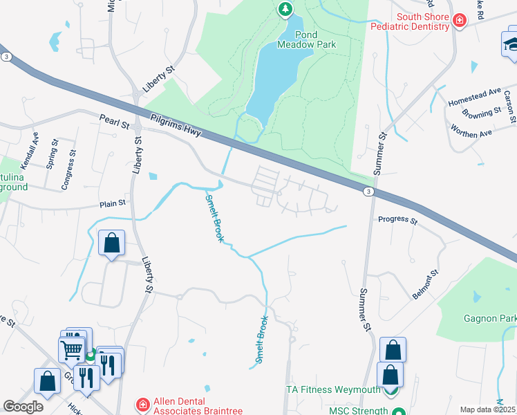 map of restaurants, bars, coffee shops, grocery stores, and more near 550 Liberty Street in Braintree