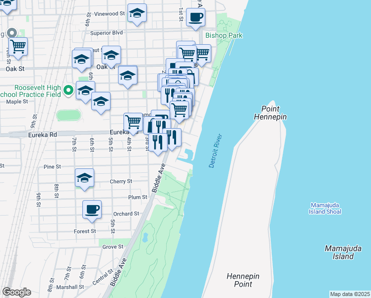 map of restaurants, bars, coffee shops, grocery stores, and more near 3301 Biddle Avenue in Wyandotte