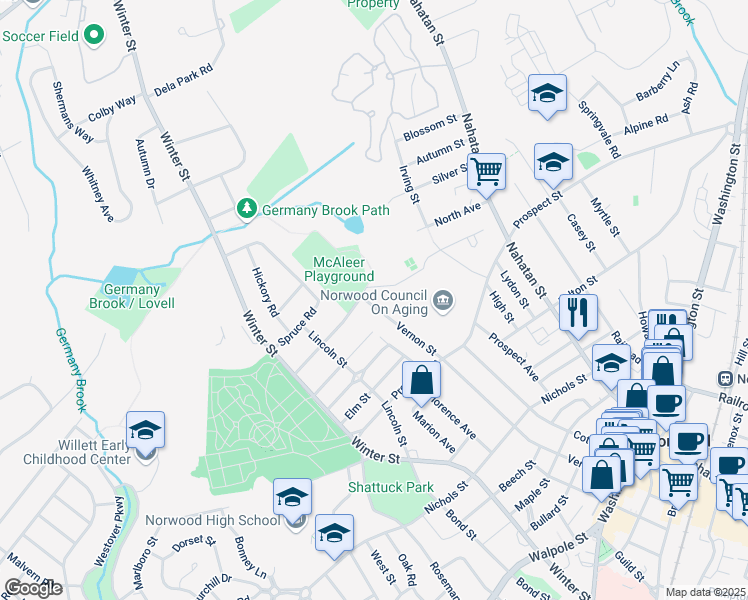 map of restaurants, bars, coffee shops, grocery stores, and more near 325 Vernon Street in Norwood