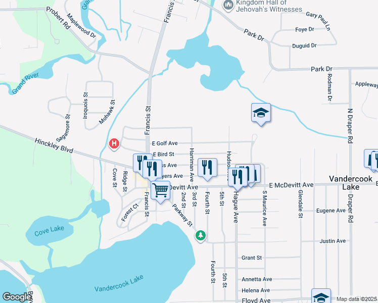 map of restaurants, bars, coffee shops, grocery stores, and more near 404 East Bird Street in Jackson