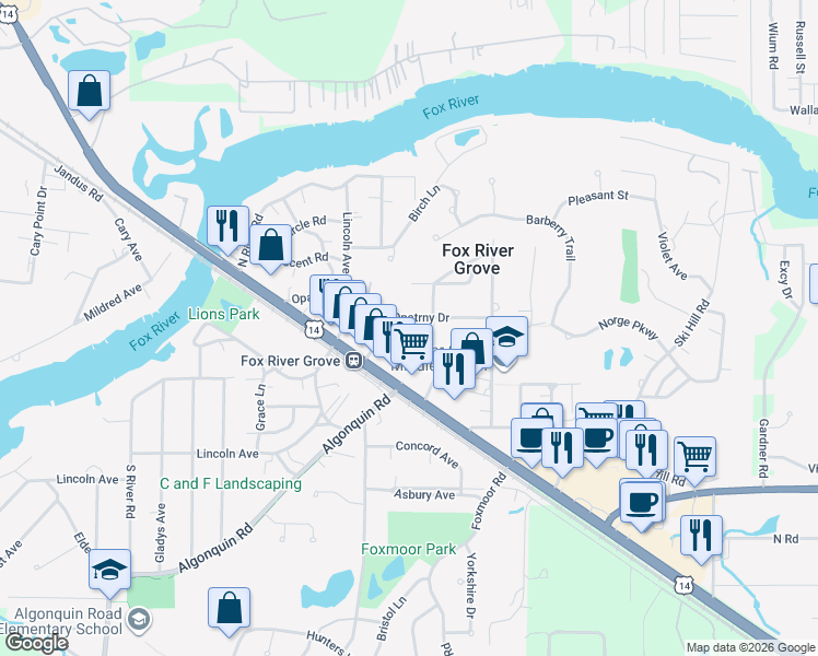 map of restaurants, bars, coffee shops, grocery stores, and more near 405 Opatrny Drive in Fox River Grove
