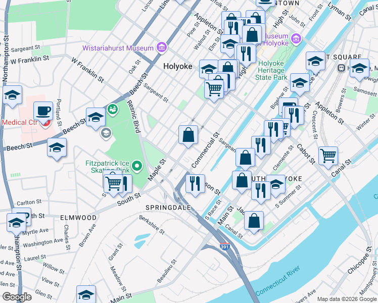 map of restaurants, bars, coffee shops, grocery stores, and more near 729 High Street in Holyoke