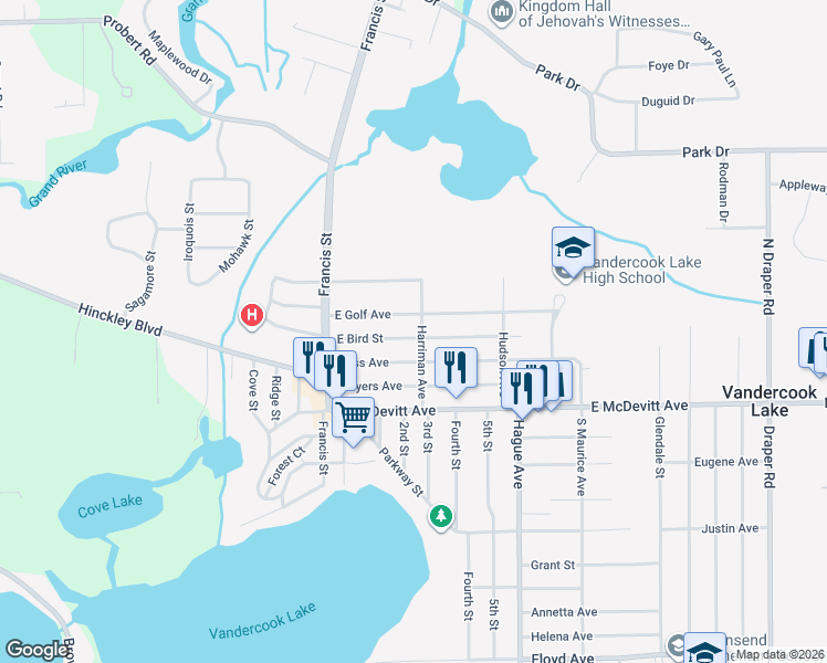 map of restaurants, bars, coffee shops, grocery stores, and more near 406 East Golf Avenue in Jackson