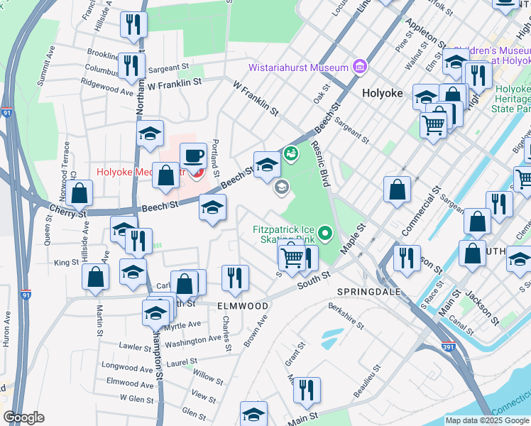map of restaurants, bars, coffee shops, grocery stores, and more near 81A Davis Street in Holyoke