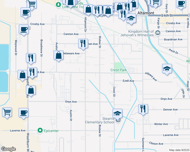 map of restaurants, bars, coffee shops, grocery stores, and more near 3503 Hilyard Avenue in Klamath Falls