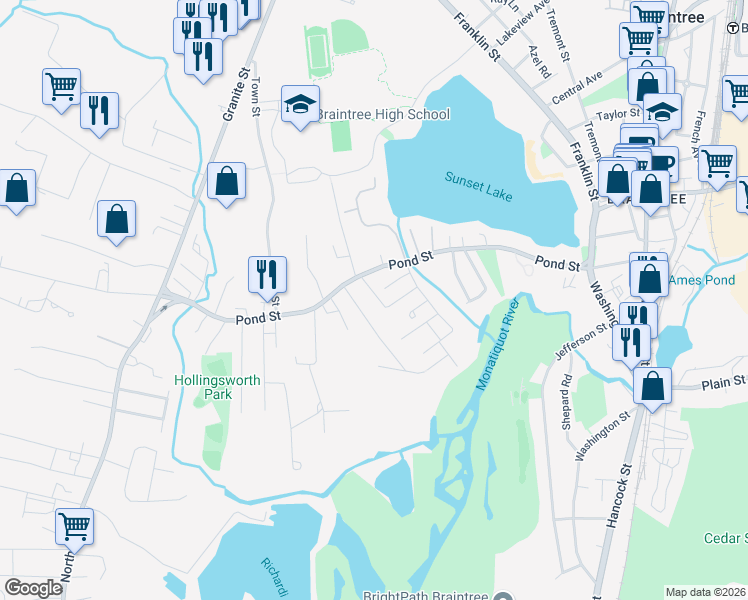 map of restaurants, bars, coffee shops, grocery stores, and more near 226 Pond Street in Braintree