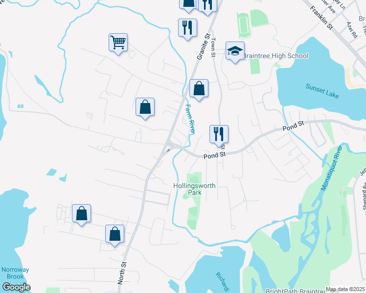 map of restaurants, bars, coffee shops, grocery stores, and more near 409 Pond Street in Braintree