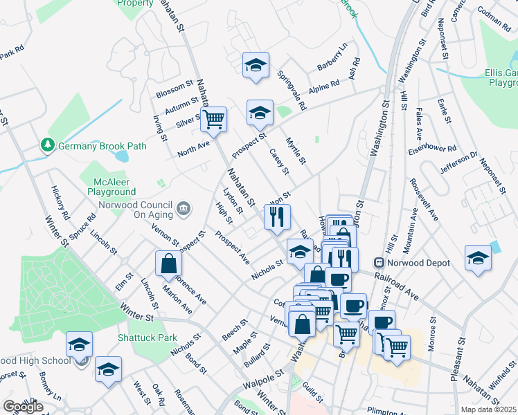 map of restaurants, bars, coffee shops, grocery stores, and more near 359 Nahatan Street in Norwood