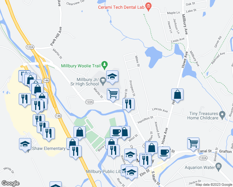 map of restaurants, bars, coffee shops, grocery stores, and more near 7 Goff Street in Millbury