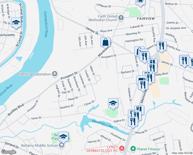 map of restaurants, bars, coffee shops, grocery stores, and more near 12 Chartier Drive in Chicopee