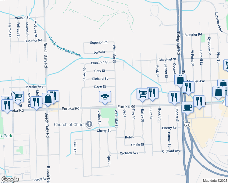 map of restaurants, bars, coffee shops, grocery stores, and more near 25034 Darin Street in Taylor