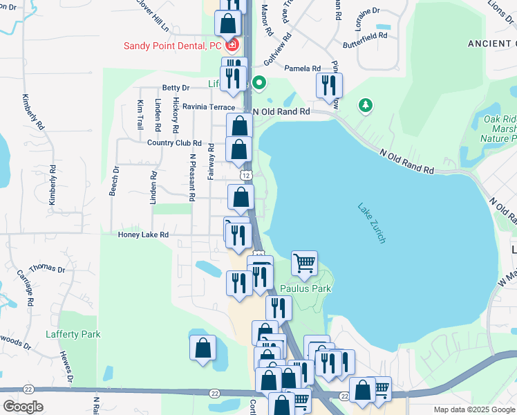 map of restaurants, bars, coffee shops, grocery stores, and more near 900 Wilmette Terrace in Lake Zurich