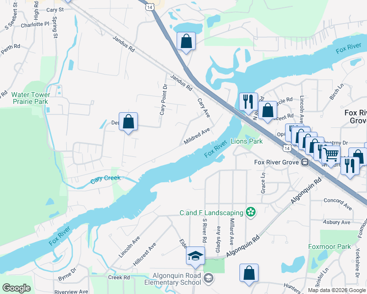 map of restaurants, bars, coffee shops, grocery stores, and more near 401 Mildred Avenue in Cary