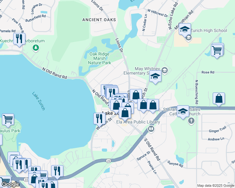 map of restaurants, bars, coffee shops, grocery stores, and more near 127 Oak Street in Lake Zurich