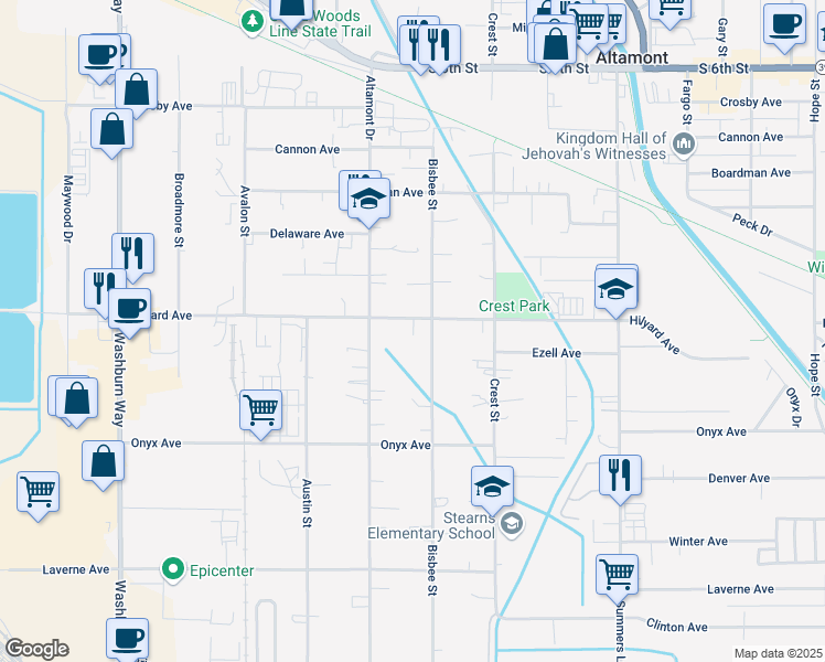 map of restaurants, bars, coffee shops, grocery stores, and more near 3503 Hilyard Avenue in Klamath Falls