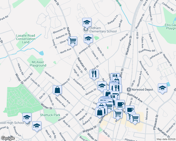 map of restaurants, bars, coffee shops, grocery stores, and more near 345 Nahatan Street in Norwood