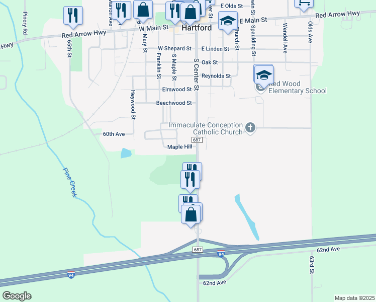map of restaurants, bars, coffee shops, grocery stores, and more near 60440 County Road 687 in Hartford