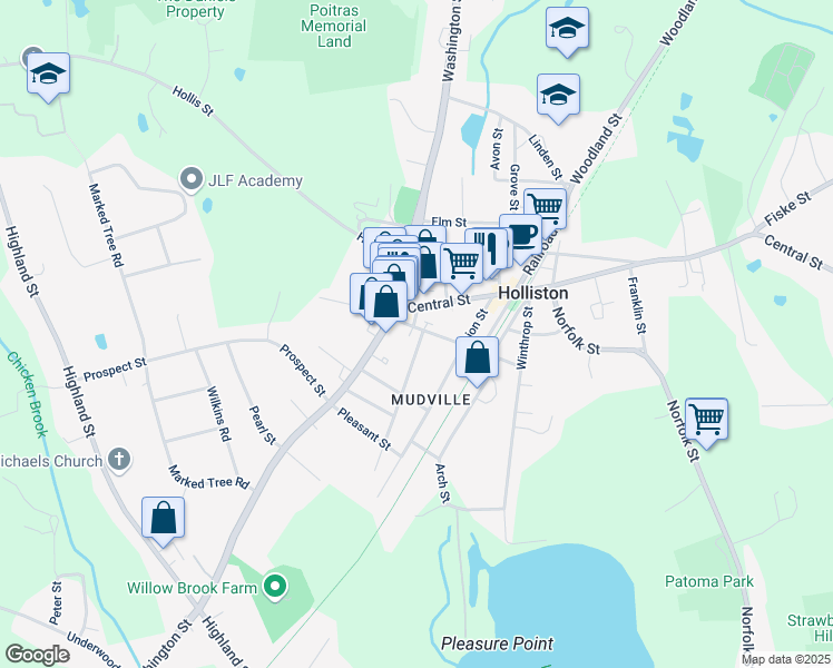 map of restaurants, bars, coffee shops, grocery stores, and more near 49 Central Street in Holliston