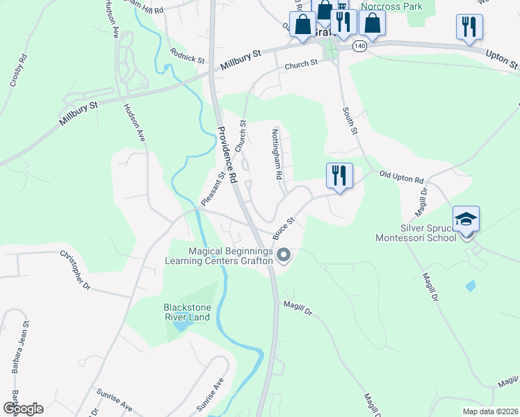 map of restaurants, bars, coffee shops, grocery stores, and more near 65 Londonderry Road in Grafton
