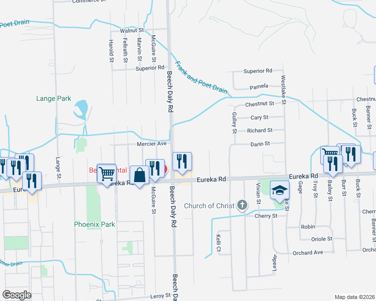 map of restaurants, bars, coffee shops, grocery stores, and more near 14632 Oldham Street in Taylor