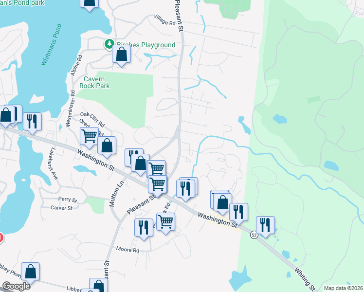map of restaurants, bars, coffee shops, grocery stores, and more near 955 Pleasant Street in Weymouth