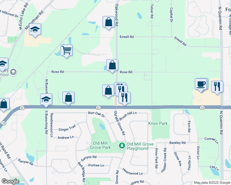 map of restaurants, bars, coffee shops, grocery stores, and more near 130 Oakwood Road in Lake Zurich
