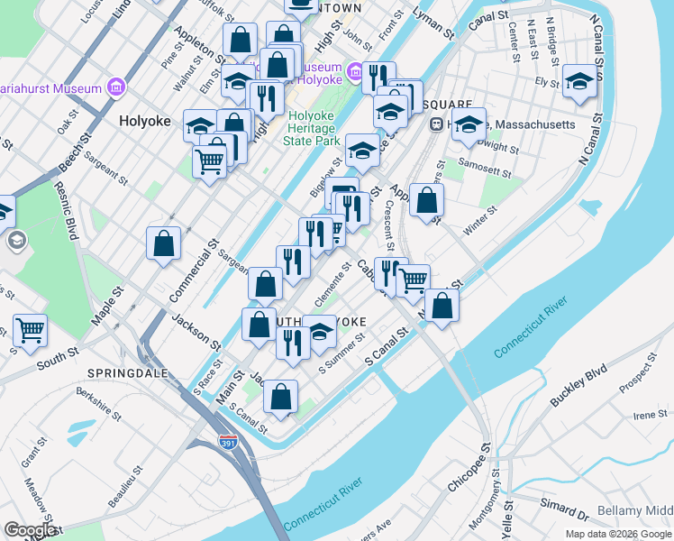 map of restaurants, bars, coffee shops, grocery stores, and more near 121 Clemente Street in Holyoke