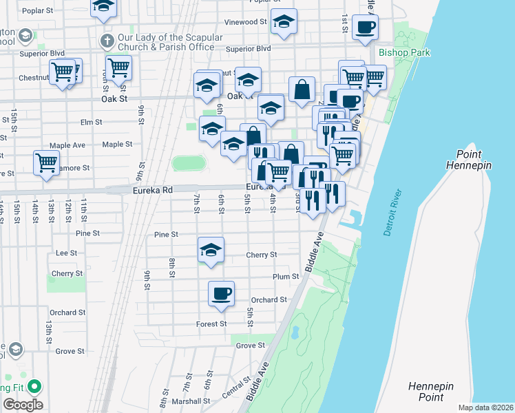 map of restaurants, bars, coffee shops, grocery stores, and more near 444 Orange Street in Wyandotte
