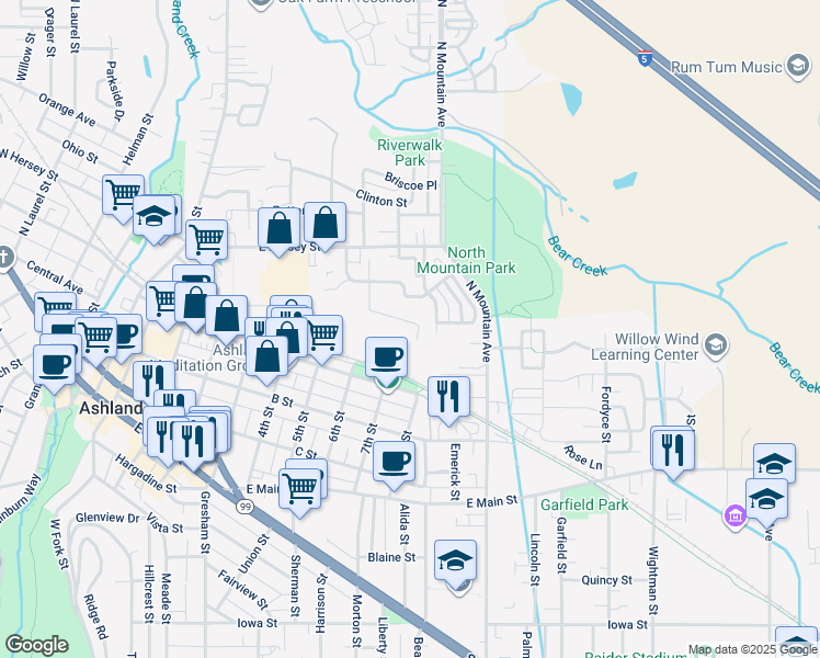 map of restaurants, bars, coffee shops, grocery stores, and more near 478 Russell St in Ashland