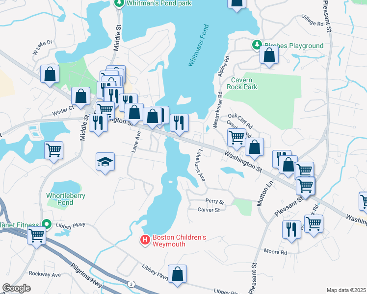 map of restaurants, bars, coffee shops, grocery stores, and more near 957 Washington Street in Weymouth