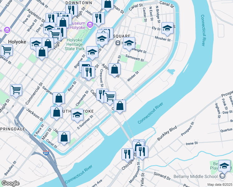 map of restaurants, bars, coffee shops, grocery stores, and more near 109-199 Winter Street in Holyoke
