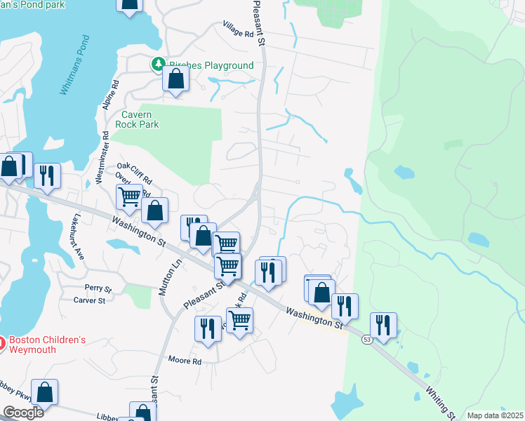 map of restaurants, bars, coffee shops, grocery stores, and more near 955 Pleasant Street in Weymouth