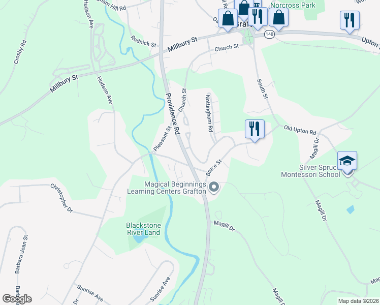 map of restaurants, bars, coffee shops, grocery stores, and more near 30 Gordon Circle in Grafton